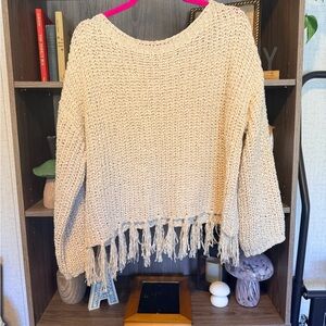 Altar'd State Cream Knit Sweater with Fringe